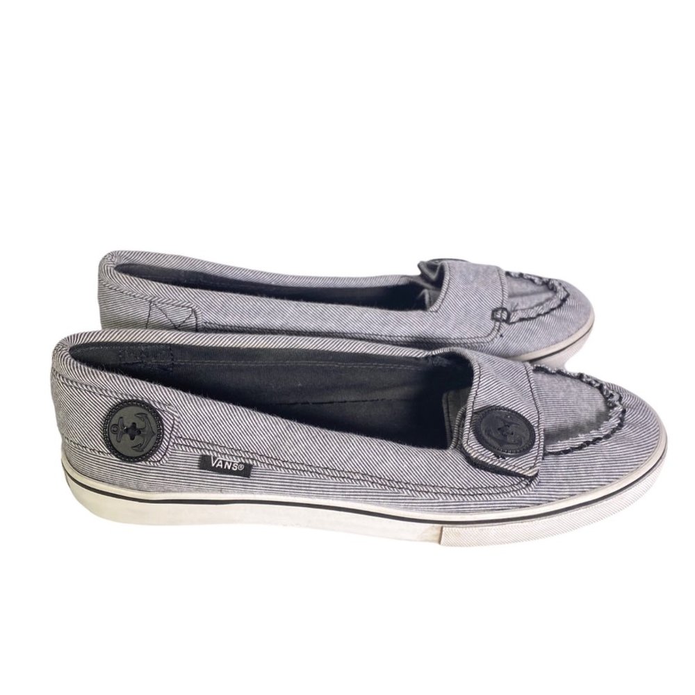 Vans Ashland Slip On Flat Shoes Nautical Thin Stripe Light Gray White Women's 8